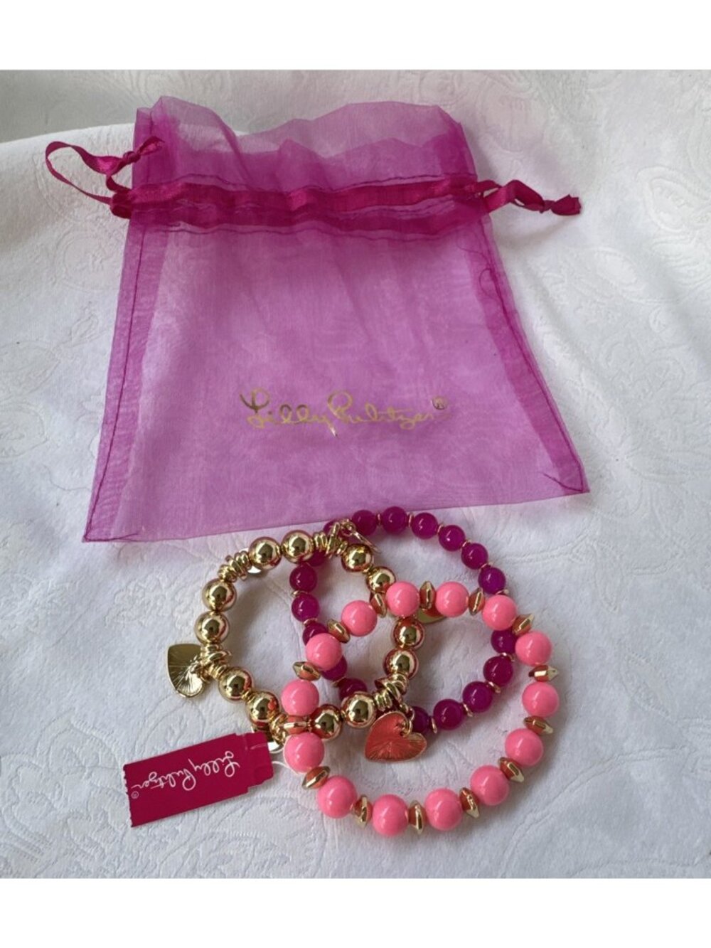 Lilly Pulitzer 3 PC Bracelet Gold Beads Pink Hearts Stackable Bracelet NWT